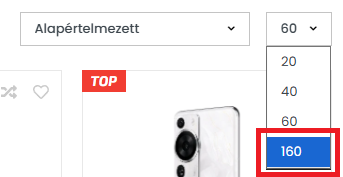 Az oldalanként megjeleníthető termékek számának választéka, kiemelve a 160-as érték