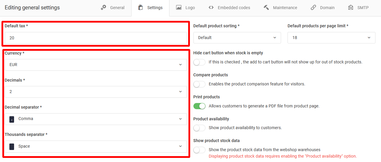 Webshop currency and tax configuration